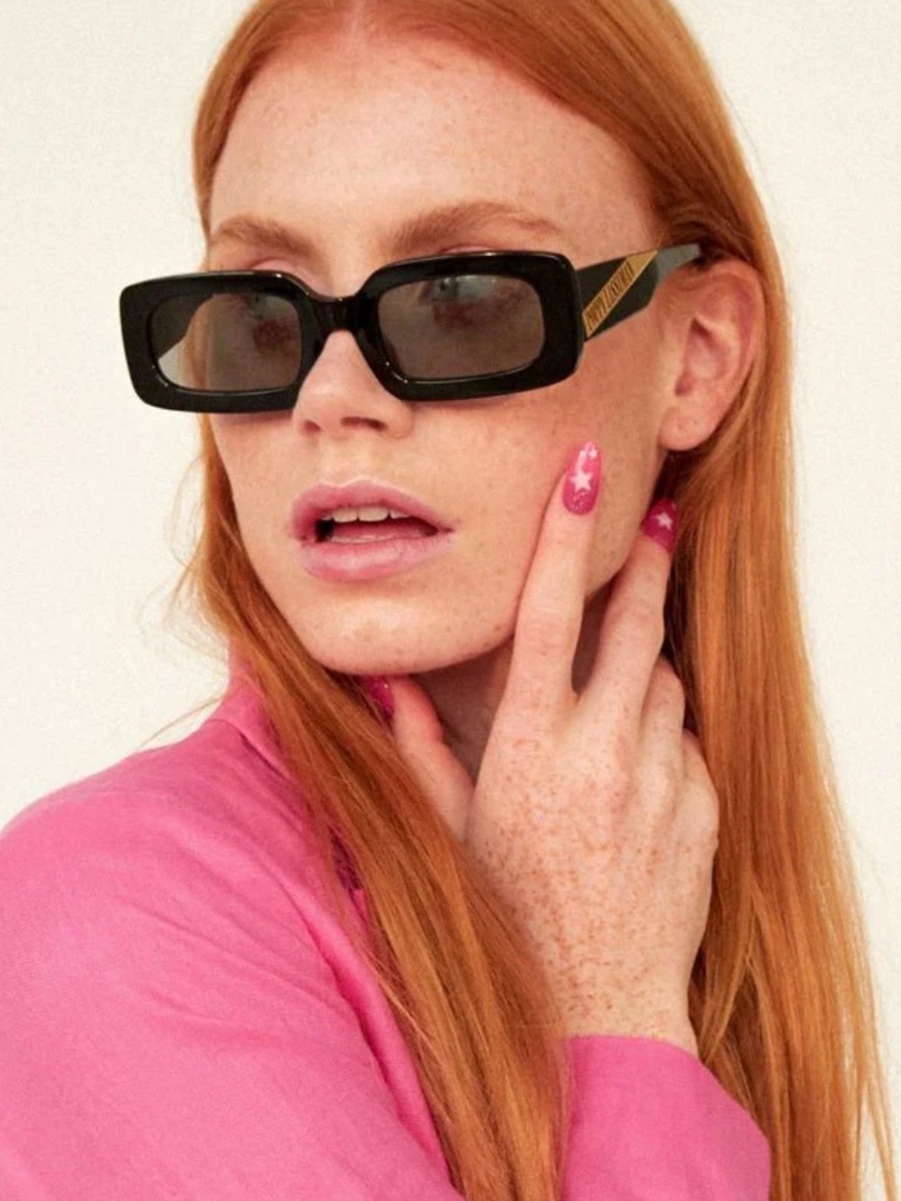Black Rectangular Sunglasses with Gold Temple Detail - Women Accessories
